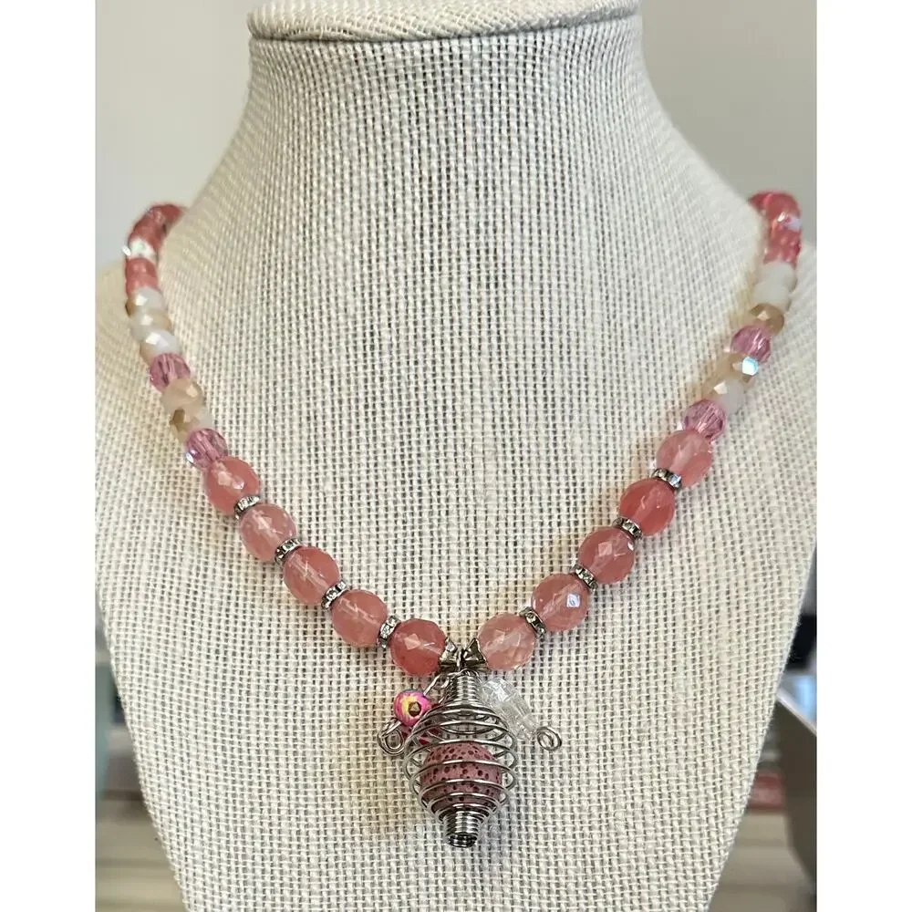 Rose quartz beaded necklace‎ with stainless locket for beads - perfumed ball